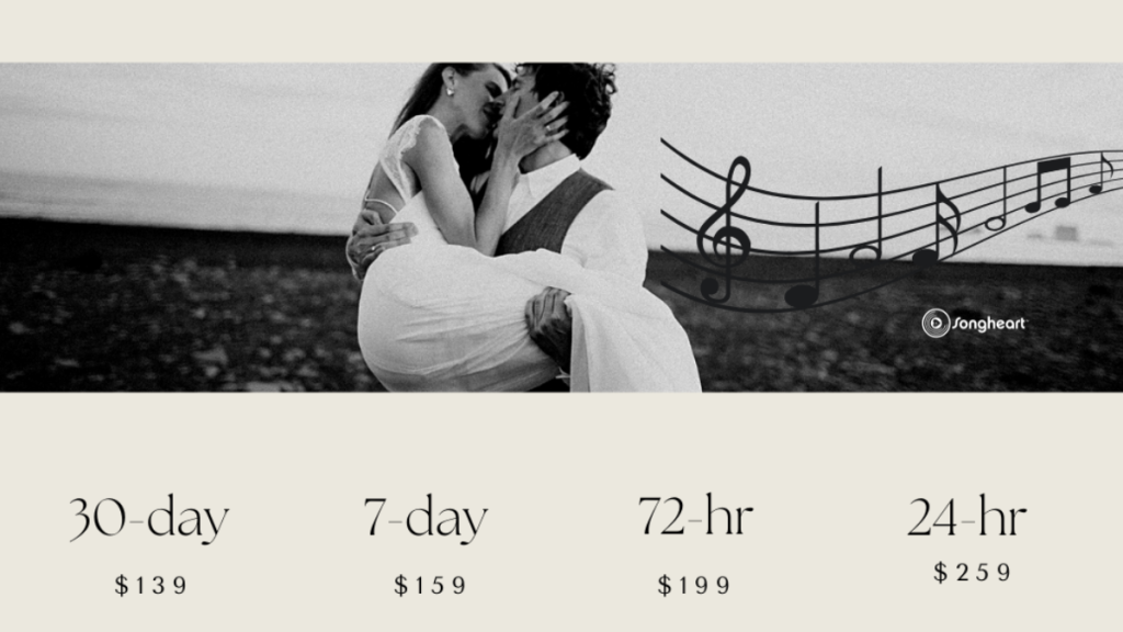 Black and white photo of a wedding couple, surrounded by music notes and pricing details for Songheart's custom song packages